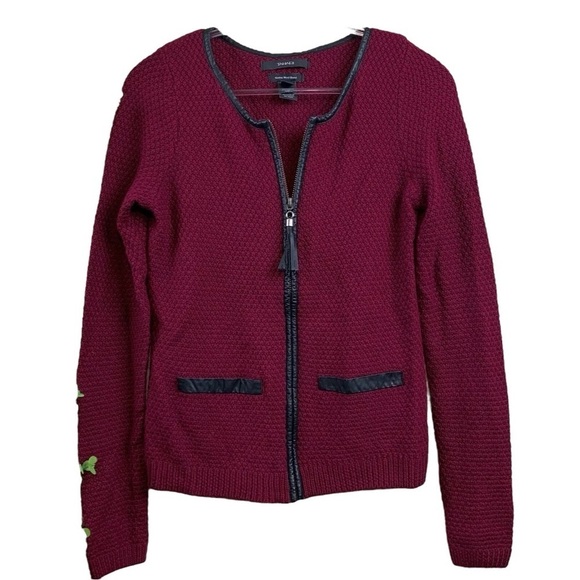 Tahari Merino Wool Knit Faux Leather Tassel Cardigan Sweater Red Black Size XS - Picture 1 of 7